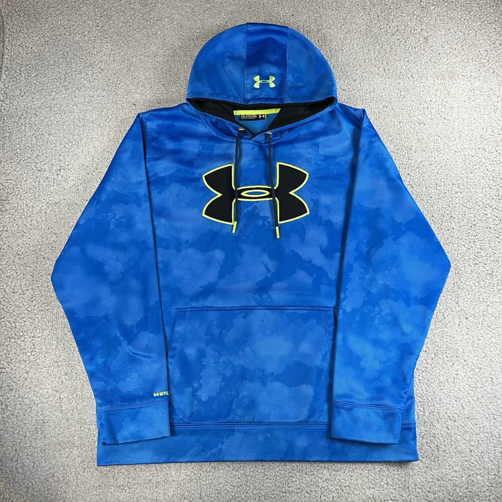 Under Armour Hoodie Men 2XL Blue Camo Fleece Pullover Hunting Storm Sweatshirt